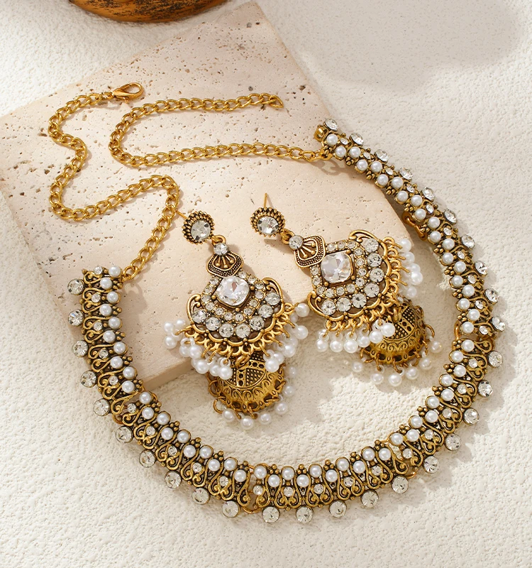 CDD Indian Bronze Gold Women Bohemian Beads Crystal Pendant Necklace Earrings Ethnic Wedding Jewelry Set