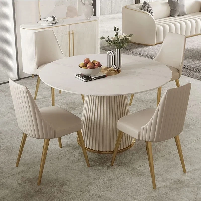 Modern light luxury light dining room furniture rock plate round dining table and chair combination