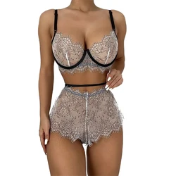 2021 High Quality Women Embroidery Net Yarn 2 Piece Perspective Lingerie Thong Sets