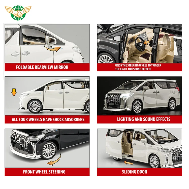 Diecast Car 1/24 Toy Model Car 1/24 Scale Pull Back Elfa Car with Sound Light 6 Doors Openable Display Box for Kid