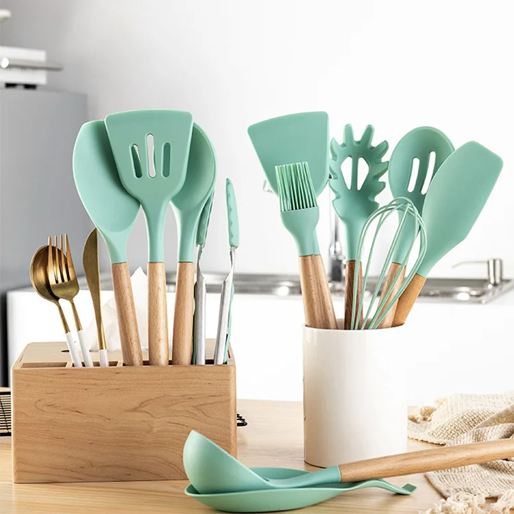 12 Pieces Silicone Kitchen Cooking Tools Wooden Handles Stand Kitchenware Spatula Silicone Kitchen Utensils Set