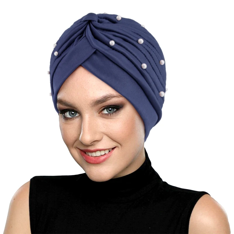 Jewelry Style Twist Turban With Pearl Accessories Elastic Polyester Headscarf Muslim Hair Care Out door Headwraps