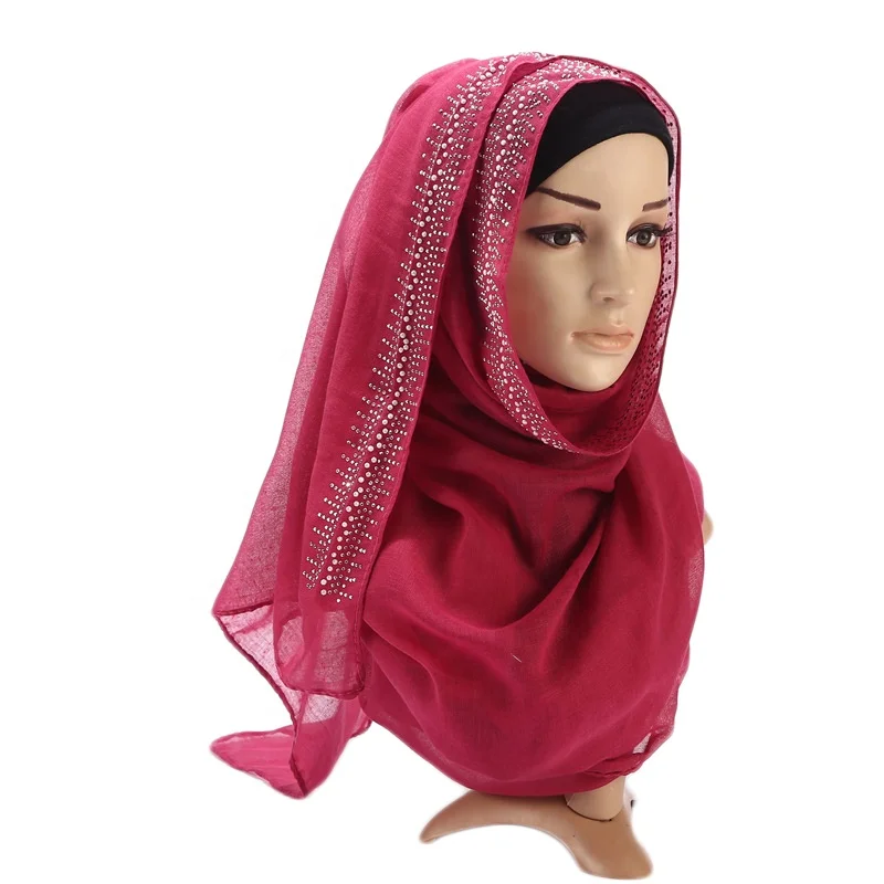 Cotton Hijab Bawal Wrap Glittering Rhinestones for Women Muslim Scarf