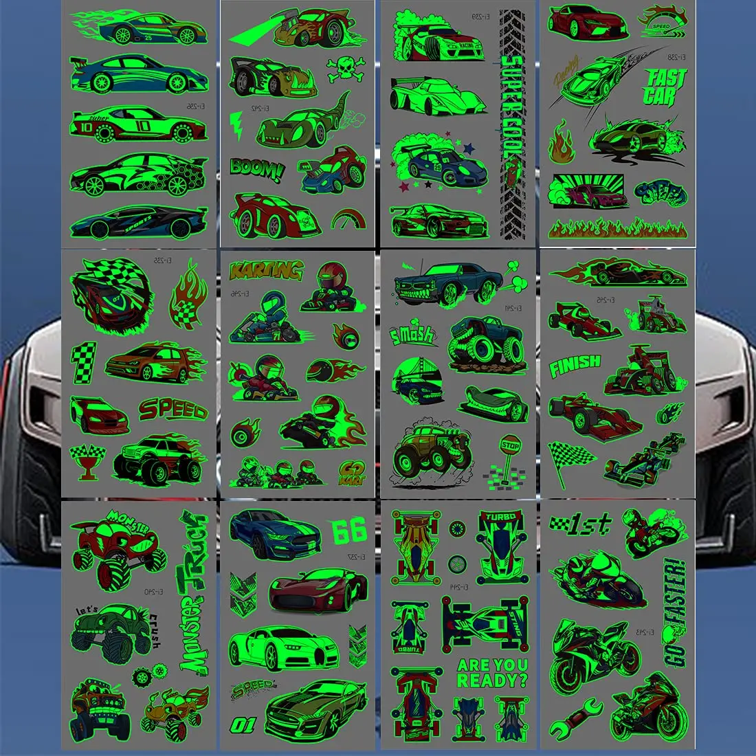 Luminous Race Car Temporary Tattoos for Boys Glow in The Dark RaceCar Tattoos