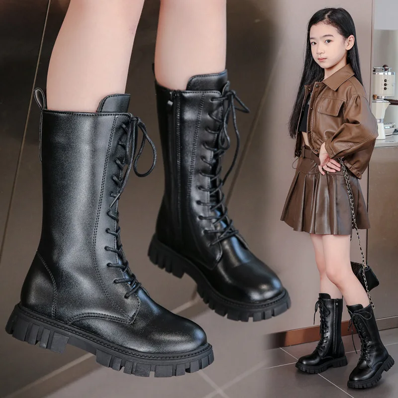 2022 Winter Baby Toddler Girl Lace Up Boots Fashion Black White Children Girl Boots 27-37#
