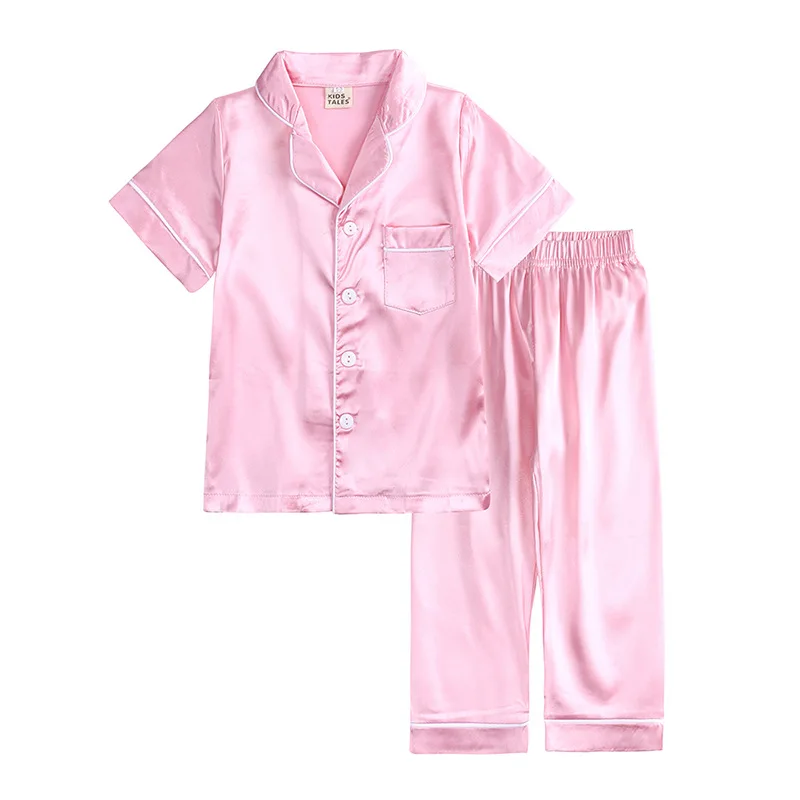 Stock Custom Solid Color Toddlar Silk Pajama 2 Pieces Set Kids Satin Pajamas Set