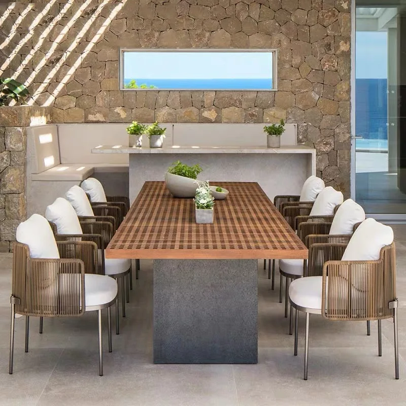 Садовая уличная плетеная мебель, набор обеденных стульев, кофейная корзина, подлокотник Chai r, алюминиевая рама, деревянный стол, уличный ротанговый стол