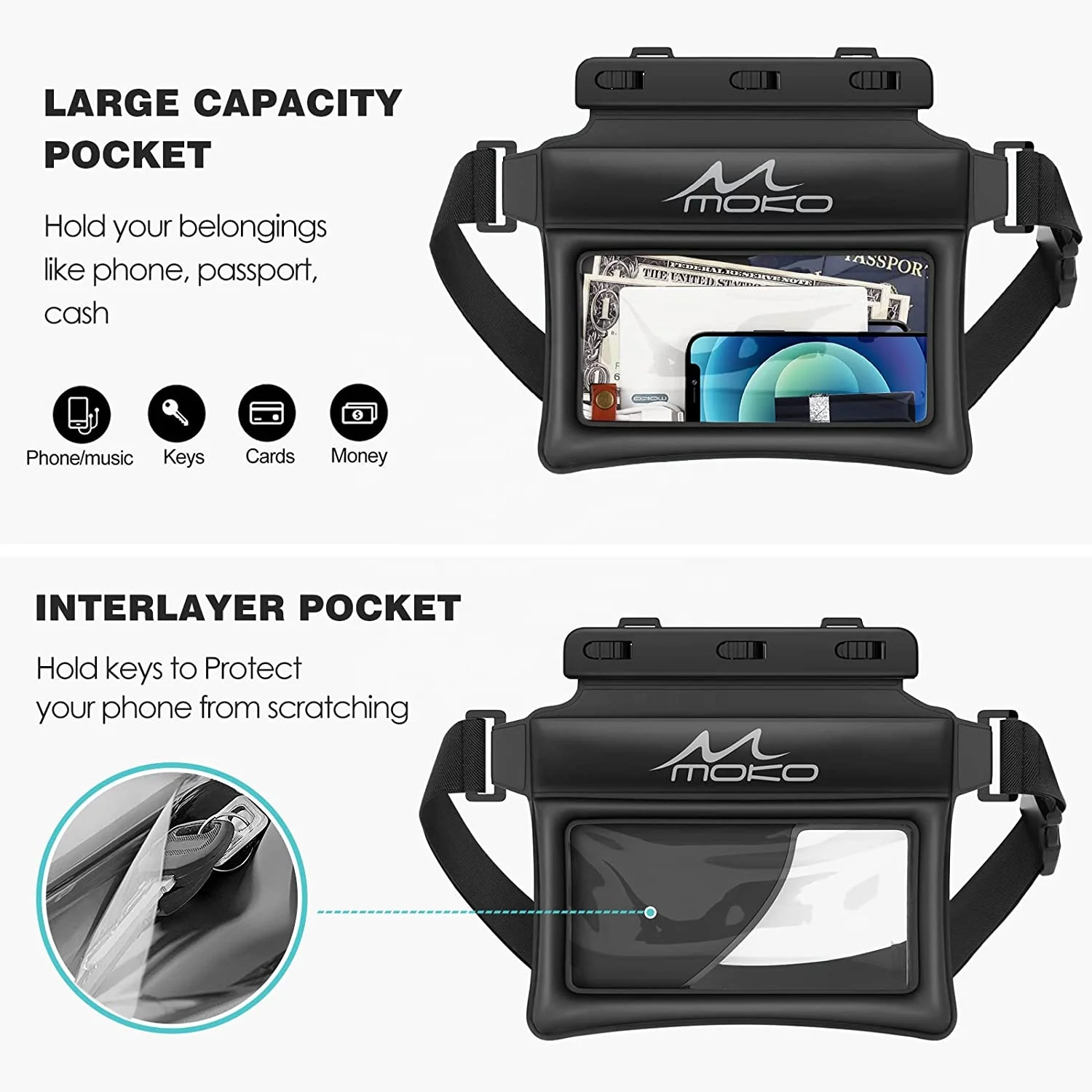 MoKo Waterproof Swimming Kayaking Snorkeling Compatible smartphones 6.9 inch Phone Pouch Fanny Pack Floating Dry phone Bag