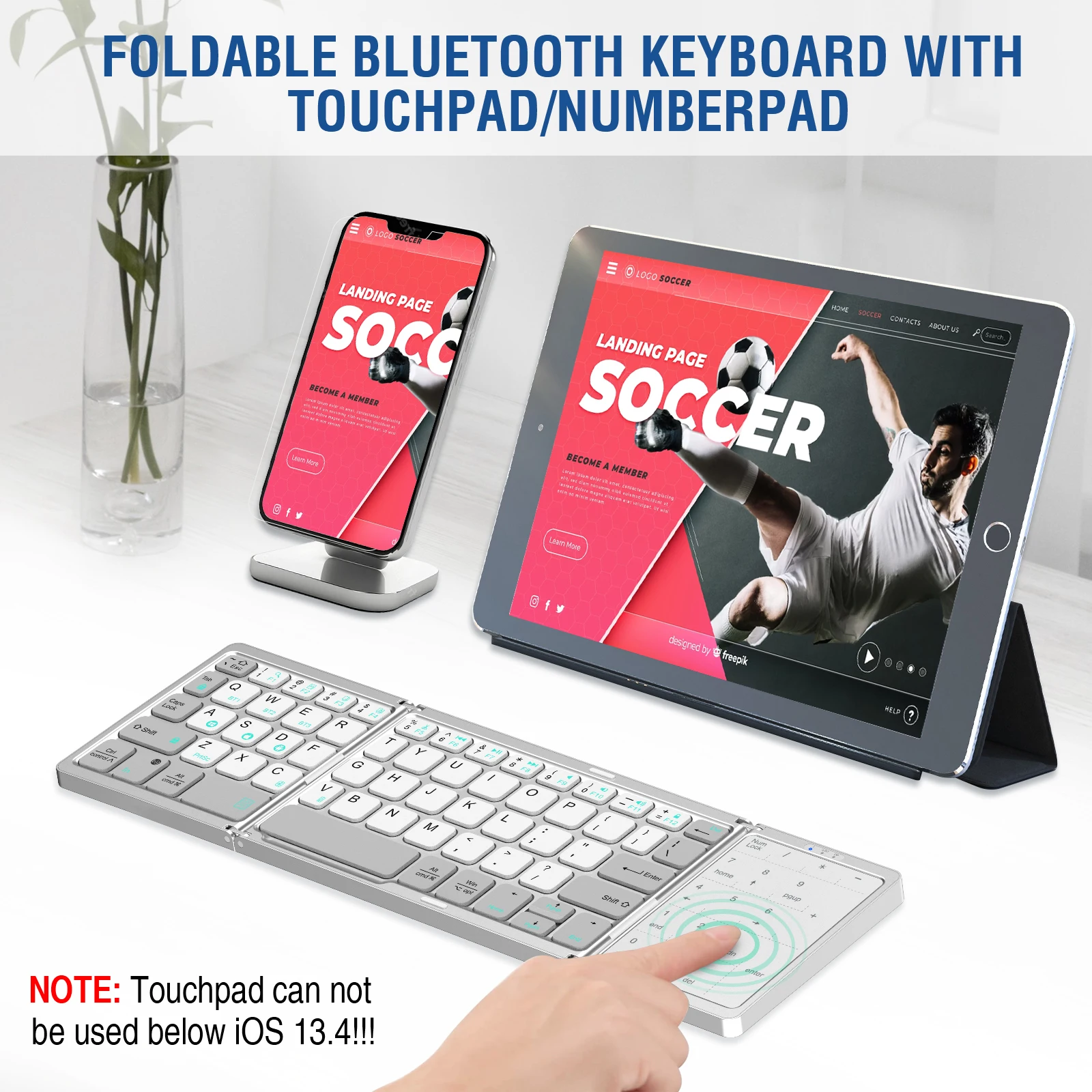 Foldable  Keyboard, Rechargeable Portable Wireless Keyboard with Touch pad & Number Pad for Android, Windows, iOS
