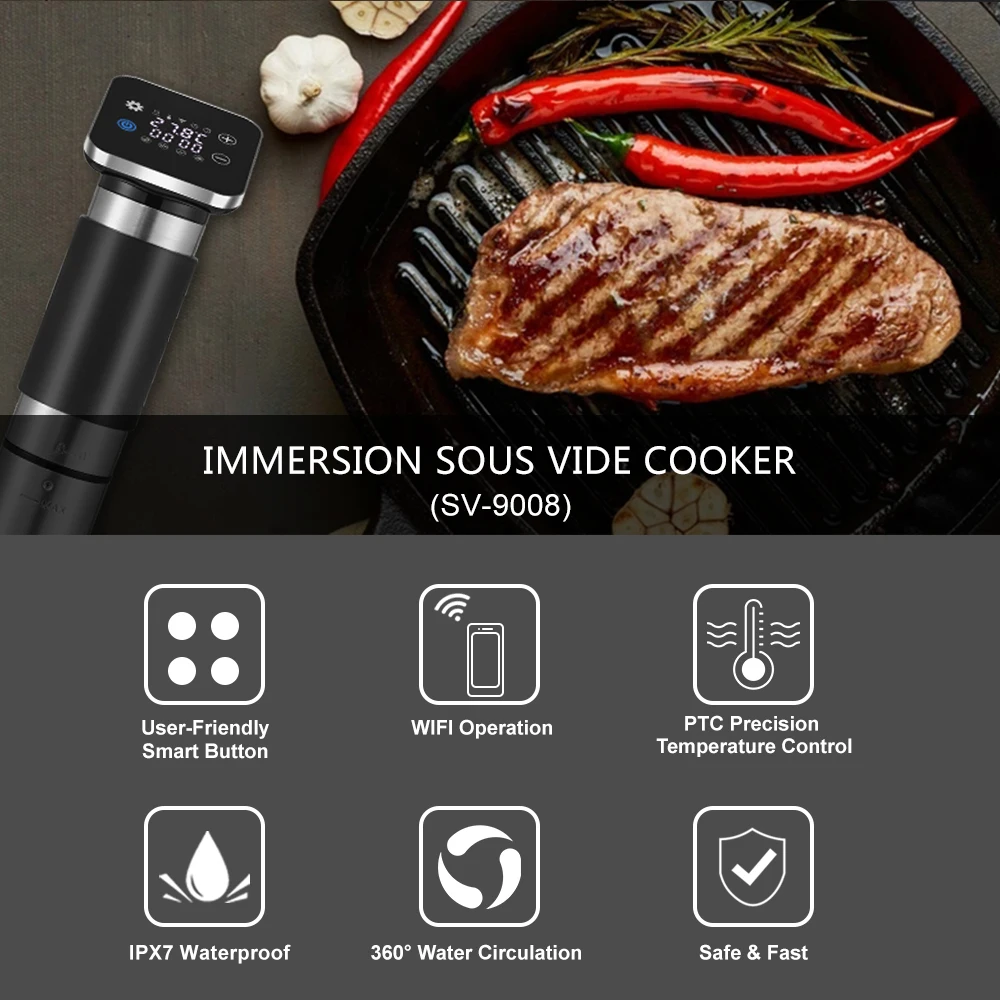 Touch Screen WiFi Sous Vide Culinary slow Cooker 1300W Immersion Circulator with Accurate Temperature & Timer IPX7 waterproof