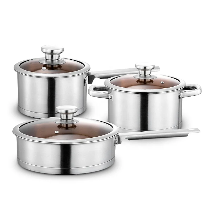 Stainless Steel 6 Piece Cookware Sets Saucepan Casserole Frying pan with Glass Lids Induction Compatible Skillet Hollow Handle