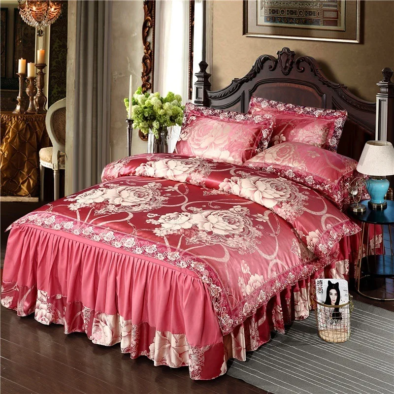 Floral Jacquard Faux Silk Bedding Sets Bedspread Customize Duvet Cover Bed Skirt Sheet European
