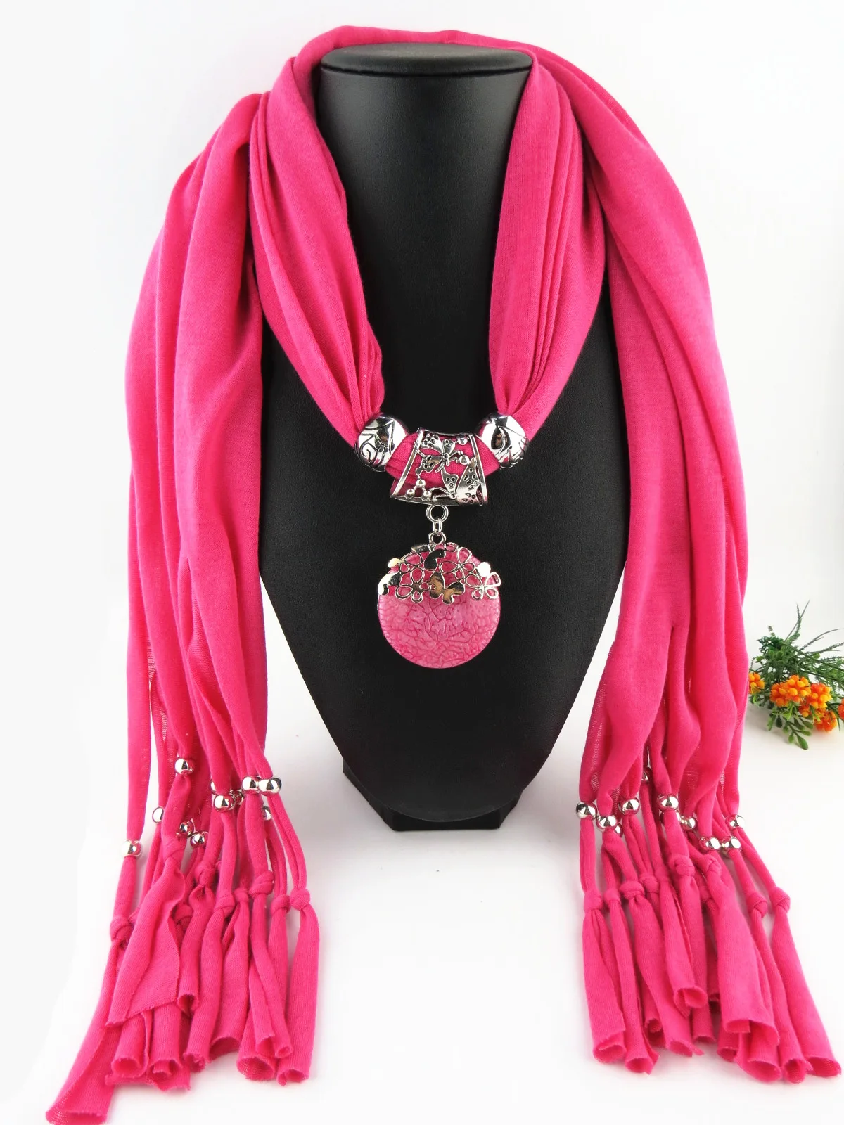 Pendant jewelry scarf polyester solid color tassel fringed resin pendant jewelry scarf for women