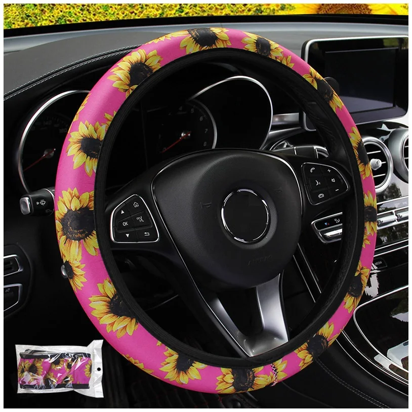 With car logo elastic print pattern universal car steering wheel cover custom with blue lady on it car steering wheel cover set