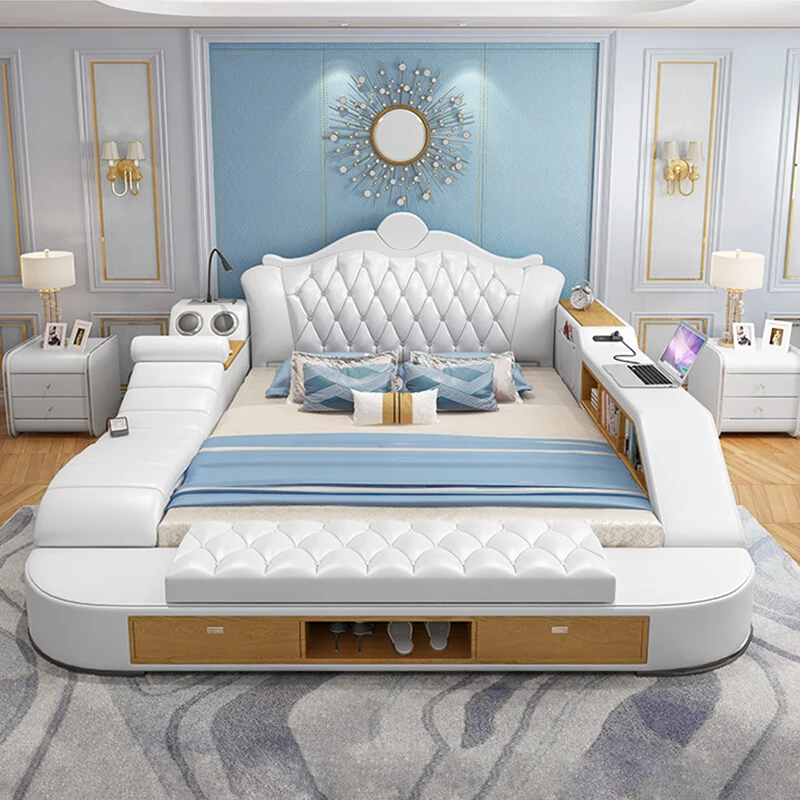 Hot selling leather and fabric bed with storage box,bed with power line slotting machine adjustable headrest smart bed