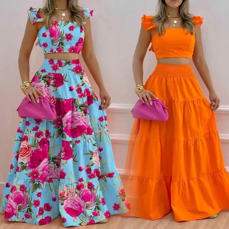 Summer Dress Modest Elegant Women Clothing Casual Tank Top Drawstring Slit Two Pieces Set Fresh Color Skirt Suit For Femme T005