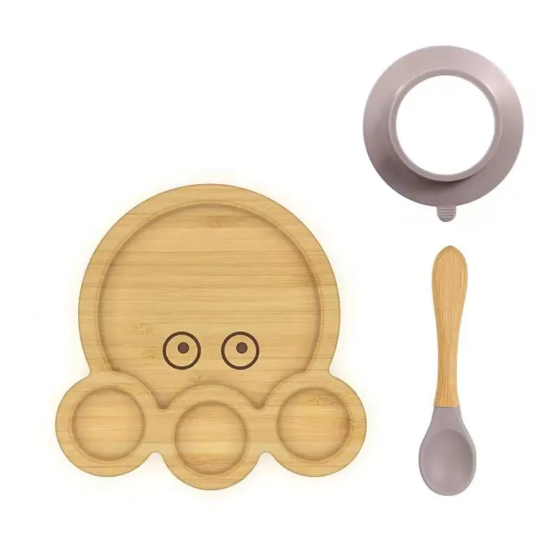 Bamboo Suction Baby Plate Set Kid Food Feeding Eating Toddler Soft Silicone Wood Bamboo Suction Baby Bowl Plate Set