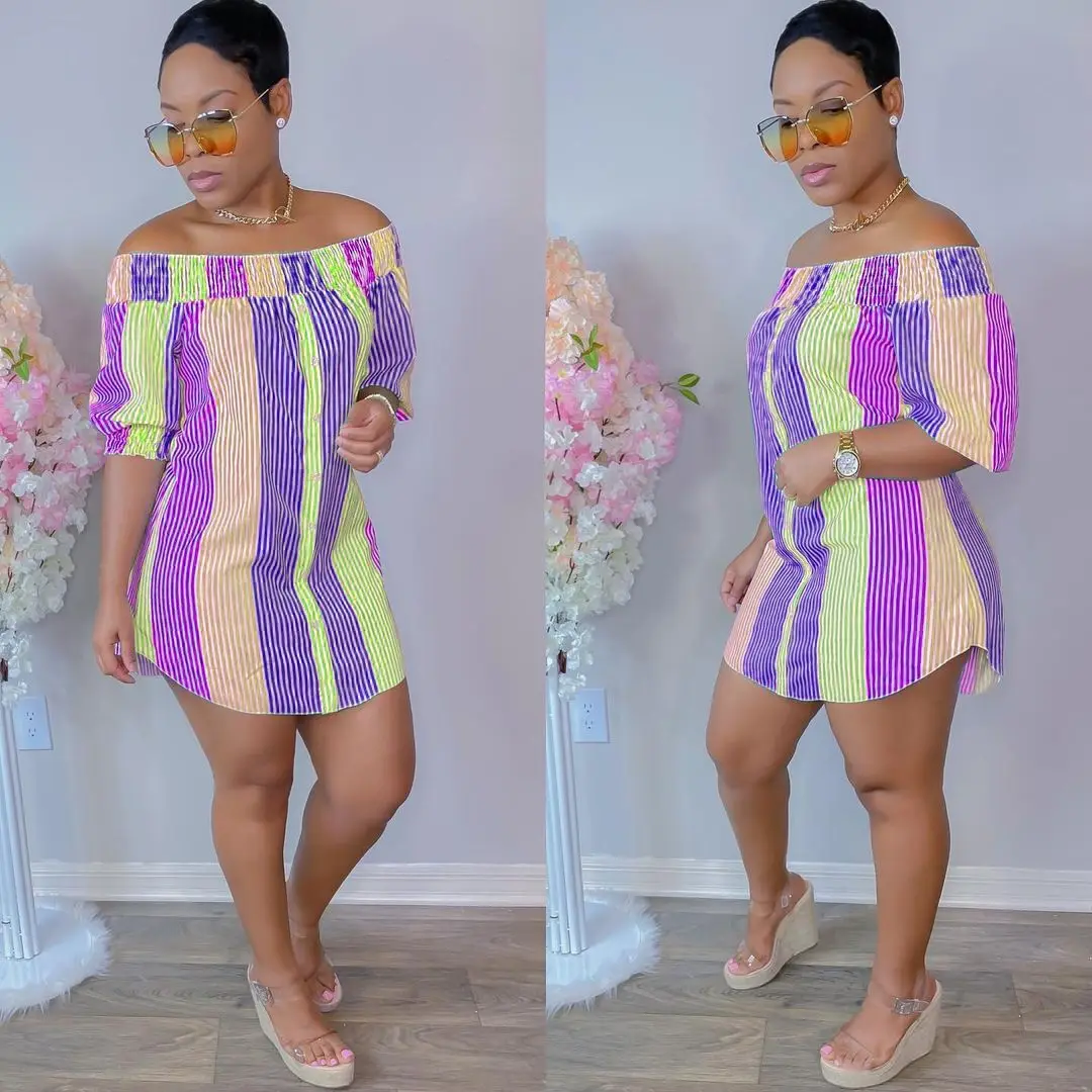 2022 Summer Casual Clothings Women Striped Print Contrast Color Off Shoulder Short Sleeve Summer Dress