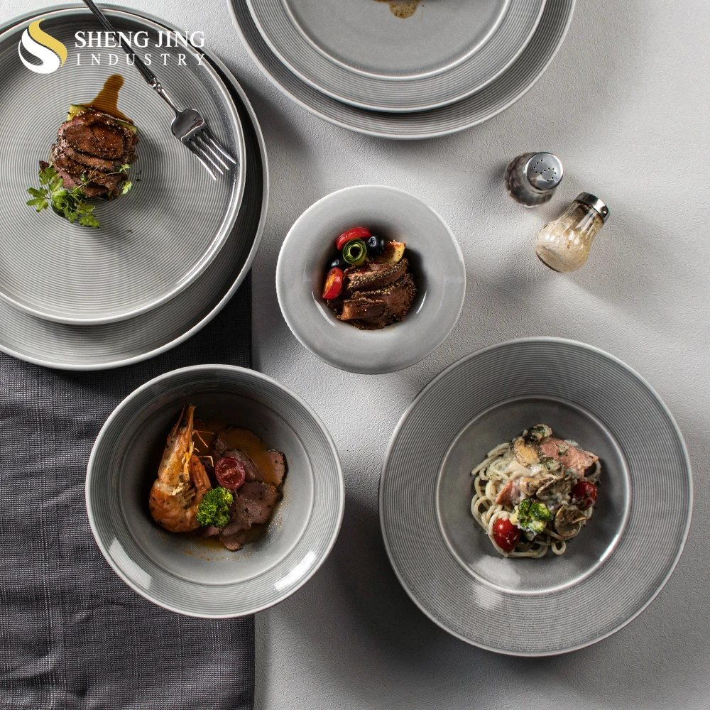 Wholesaler Stock Sustainable Kiln Gray Glaze Ceramic Tableware Hotel Catering Porzellan Platos Dinnerware Sets Restaurant Use