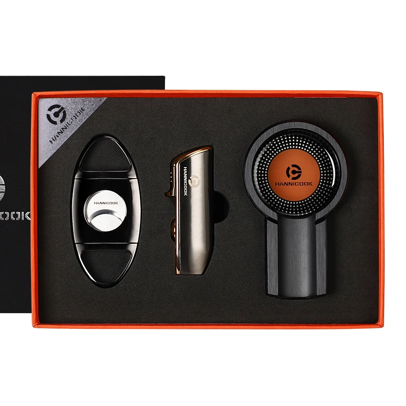 Portable 3-Piece Cigar Accessory Set Zinc Alloy Lighter Ashtray Cutter with Custom Laser Logo Gift in Gift Box Packaging