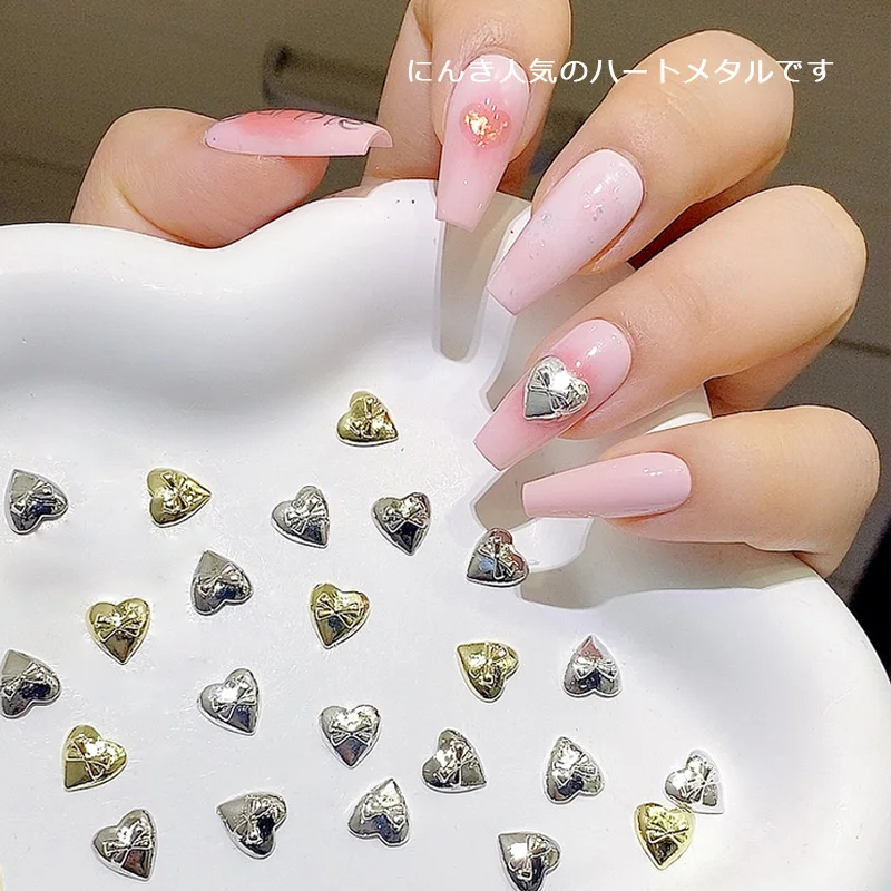 TSZS 2024 New Gold Silver Shiny Heart Nail Decoration 3D Cute Love Shape with Bow Ribbon Nail Art Decoration