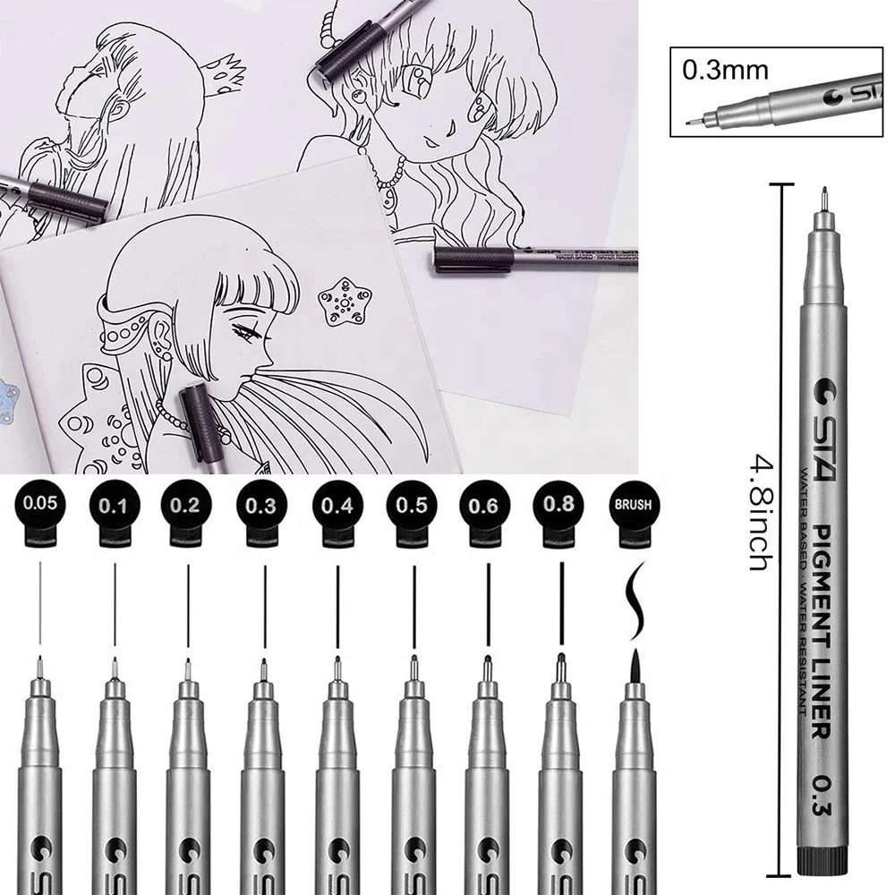 STA Micron Fineliner Pens - Archival Black Ink Pens - Pens for Writing, Drawing, or Journaling - Assorted Point Sizes - 9 Pack