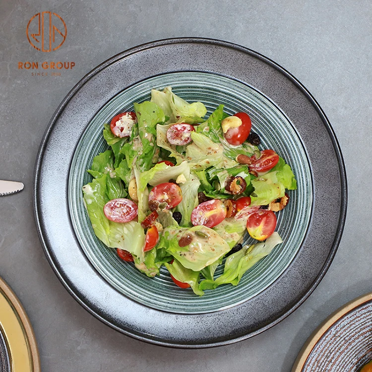 wholesale nordic porcelain tableware round gold green color dinner dishes set restaurant ceramic plates