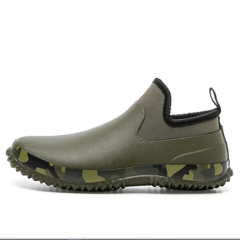 2024 high quality waterproof green rain shoes car washing fishing water shoes students camouflage flat men short rain boots