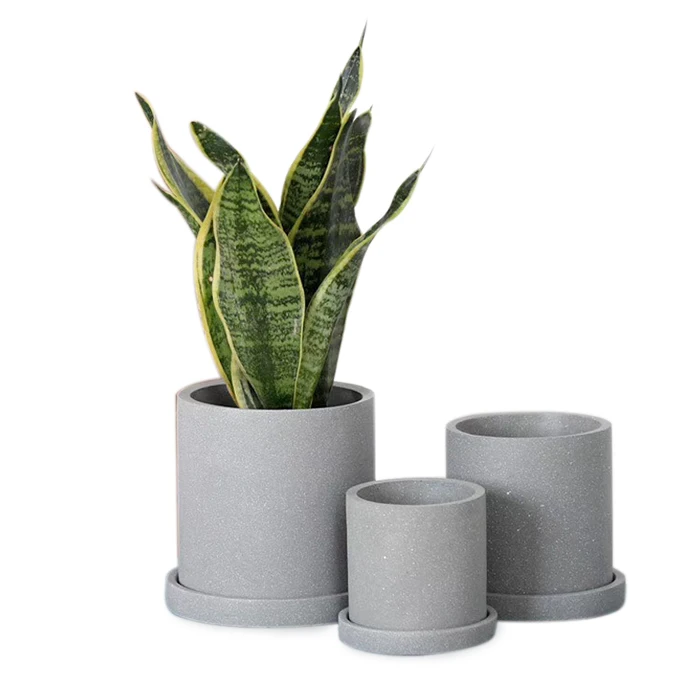 Wholesale Grey Cylinder Concrete Plant Pot Flower Pots with Tray
