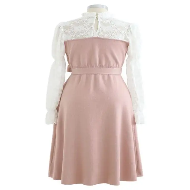 
Hot selling good quality white lace Long sleeved casual dresses pink dress with a bow 