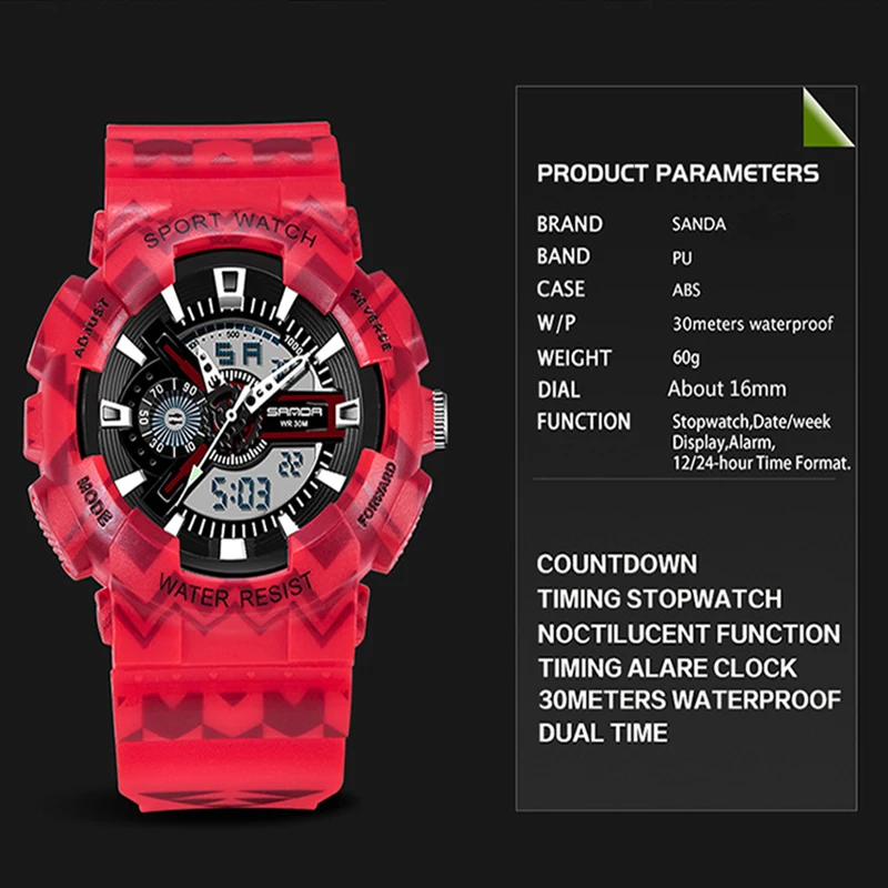 SANDA Fashion Multifunctional Dual Display Sports Watch for Men Luminous Waterproof Casual Digital Wristwatch