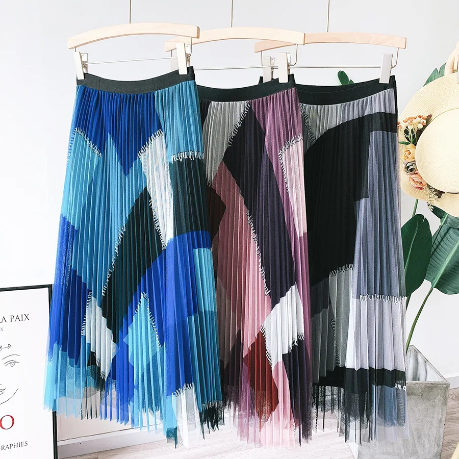 Korean Style 2022 Geometric Print Y2K Skirt VD1692 Women Purple Black Blue Long Midi Length Tulle Pleated Skirt