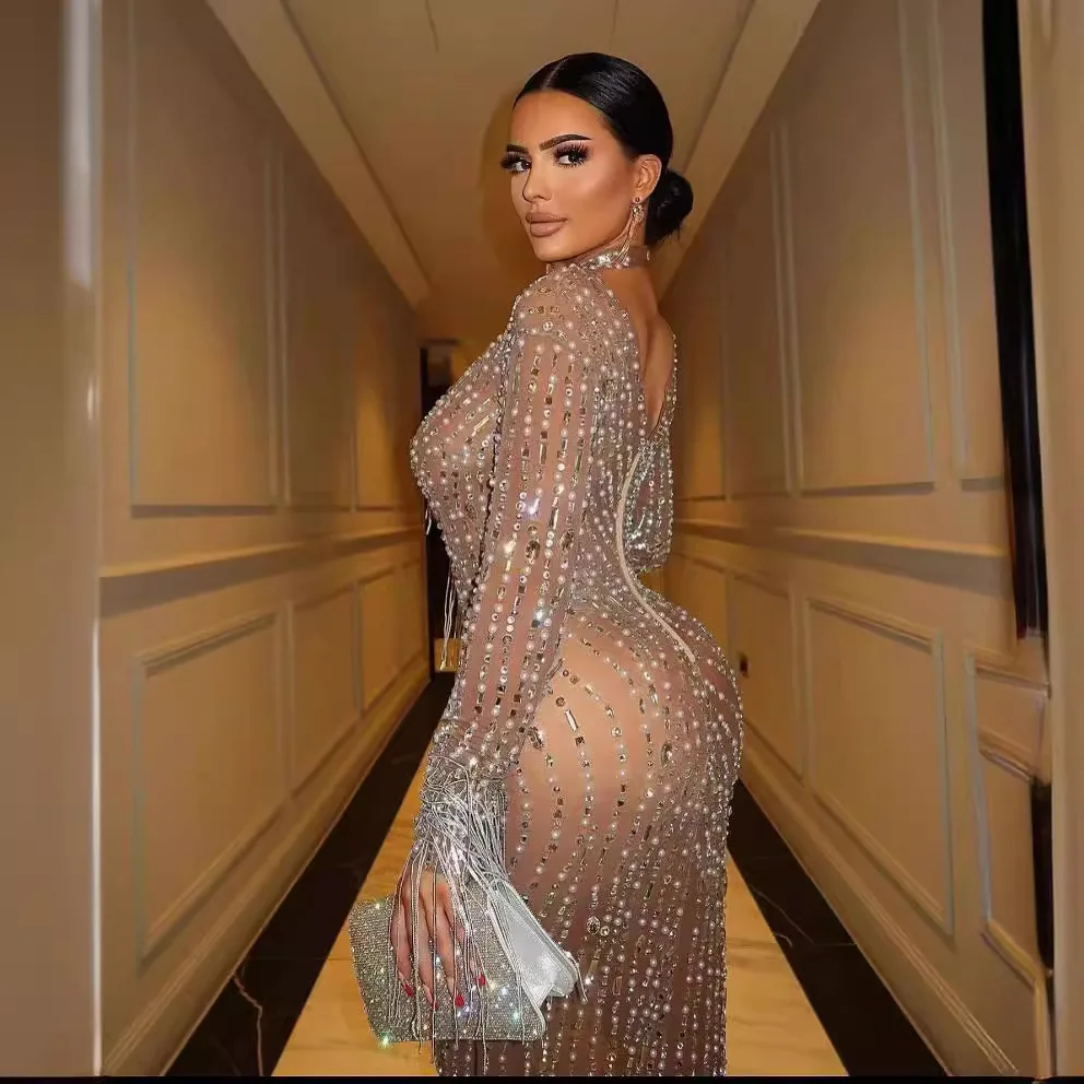 High Quality Crystal Applique Fringe Cuffs Translucent Mesh Long Sleeve Dresses Luxury Beaded Evening Gown Wedding Dress