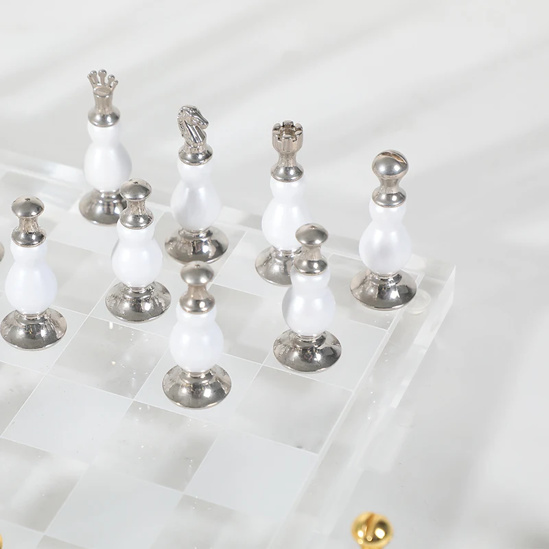 Classical Antique Luxury Home Accessories Interior Silver Acrylic Alloy Internation Chess Game Board Set