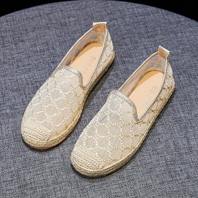 
2021 New style straw woven lace shoes breathable canvas cutout slacker shoes flat bottom hand-made hemp rope fisherman shoes 