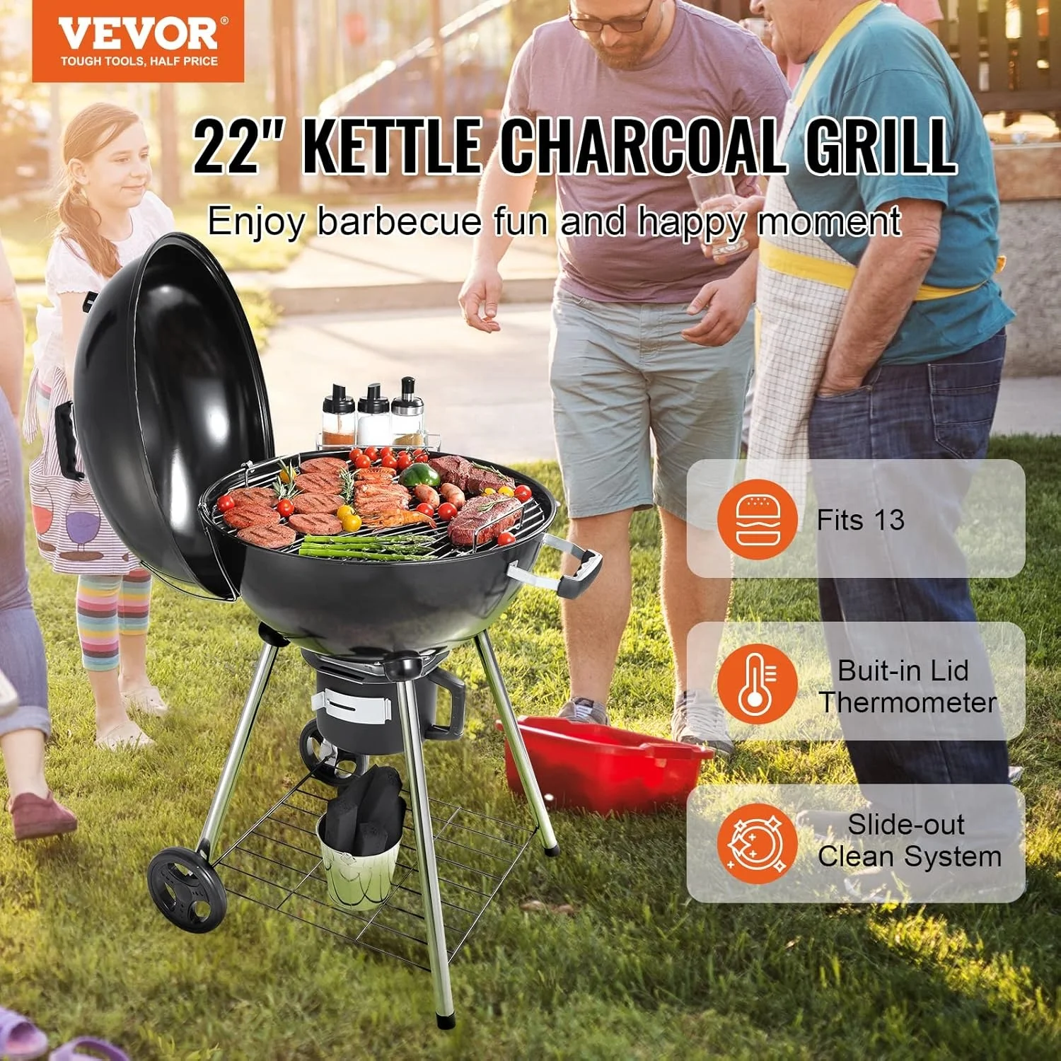 Black Porcelain Enameled 18.5' 22.5'Charcoal Grill with Wheels for Outdoor Cooking Barbecue Camping BBQ Coal Portable Round
