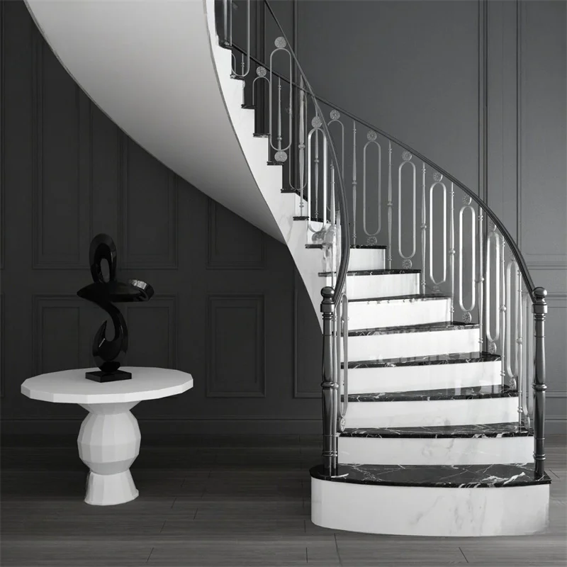 Modern style curved steel marble staircase steel railing hot sale