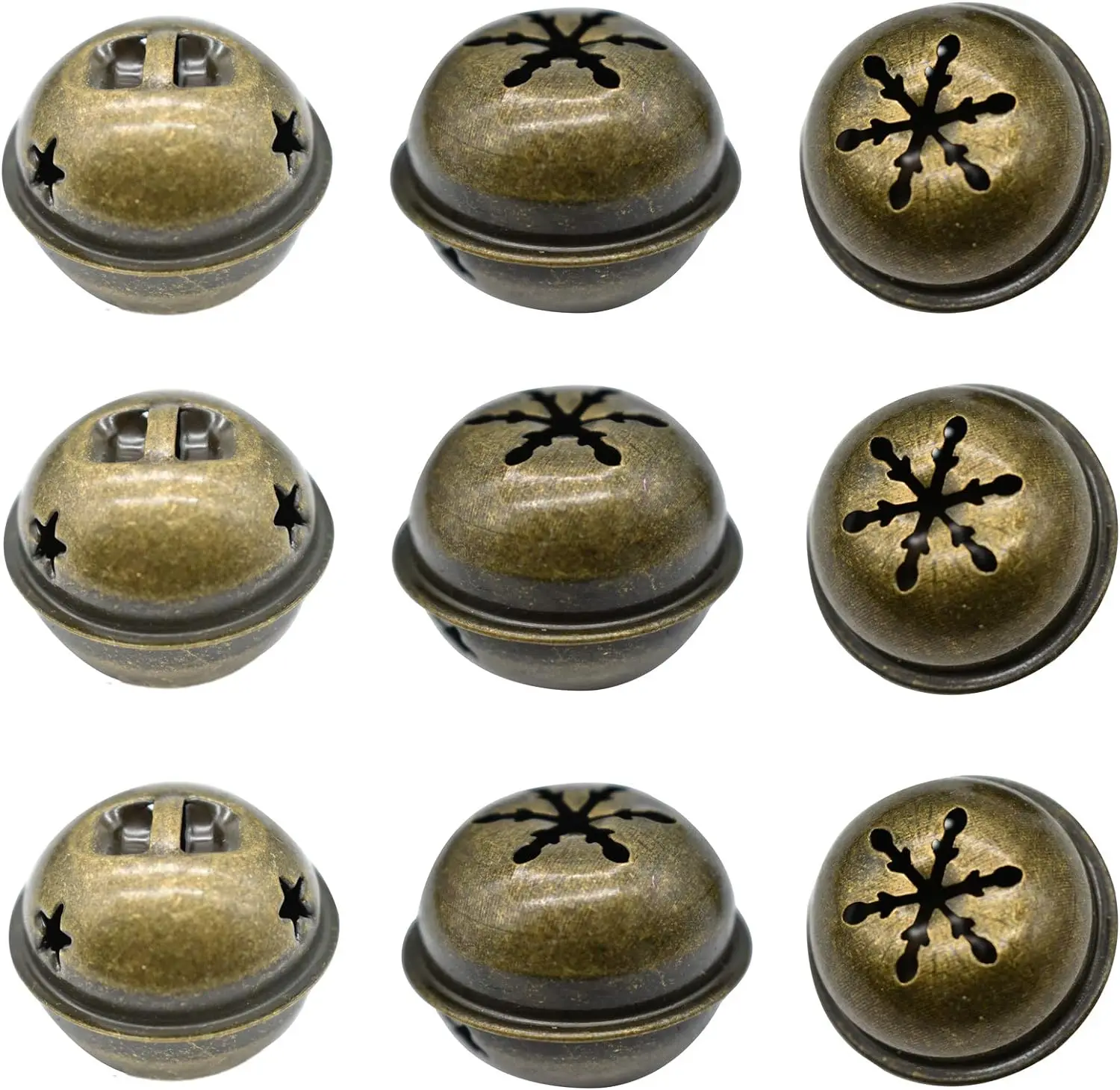 Bronze Jingle Bells 1.34 Inches Star with Snowflakes Design Small Elliptical Antique Brass Bell for Crafts Christmas