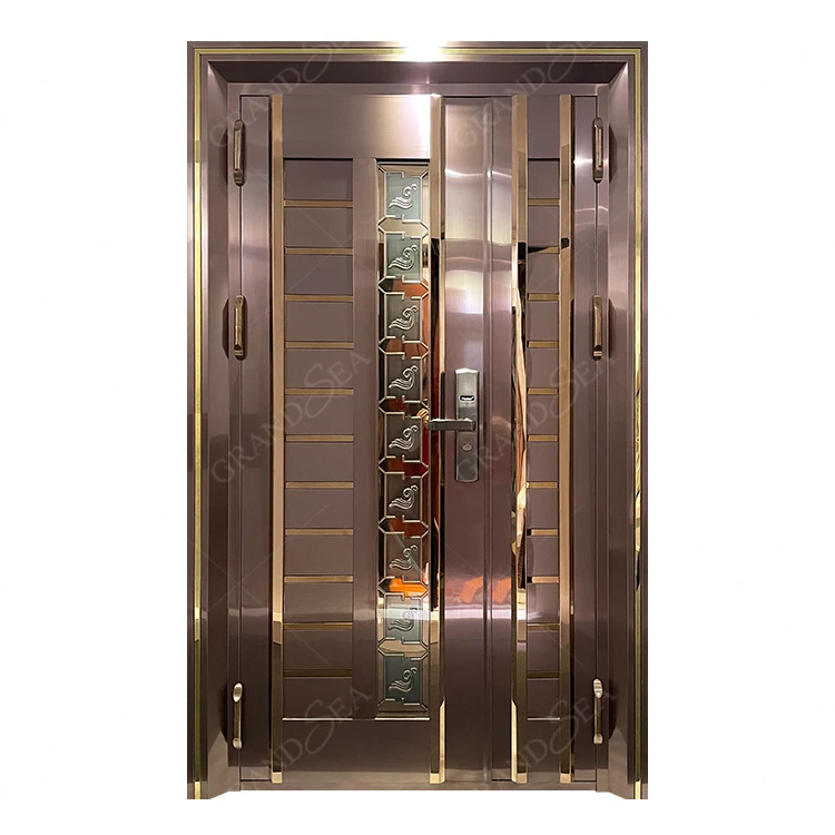 Rose gold soundproof 9 hole security lock tempered glass 36*80 stainless steel door front entrance