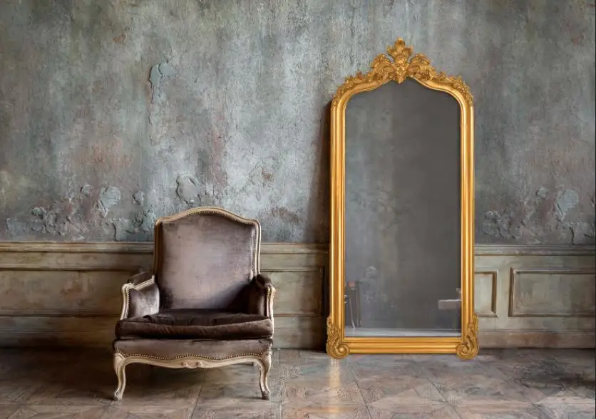Baroque frame Arched Wooden Antique Gold Full Length Leaner Floor Dressing Mirror