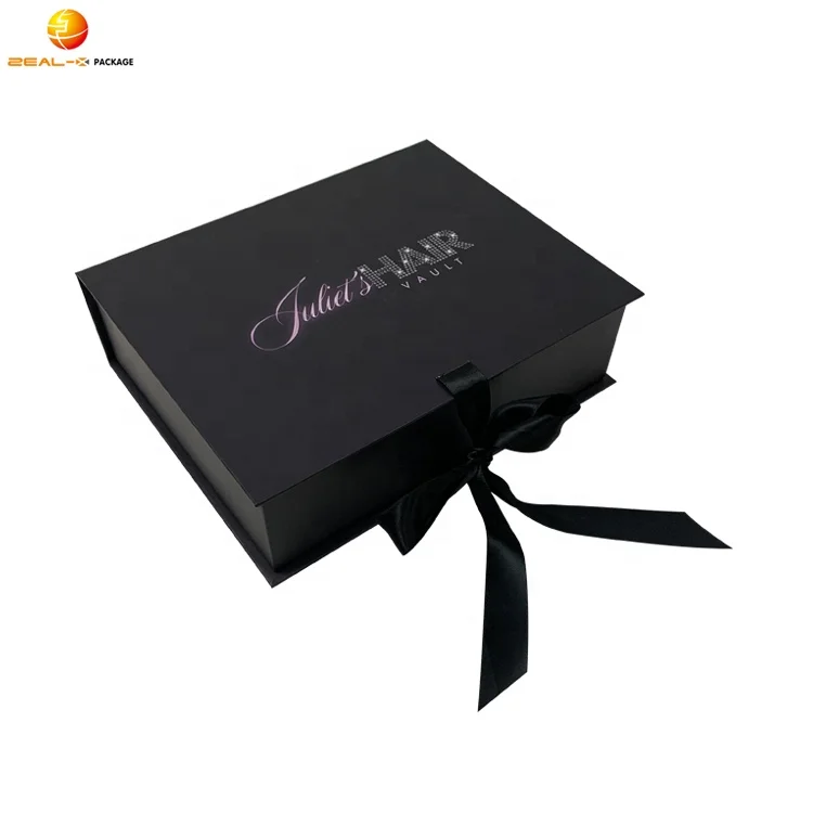 Custom Logo Rigid Cardboard Paper Black Foldable Magnetic Hair Extension Packaging Wig Boxes With Satin Inside