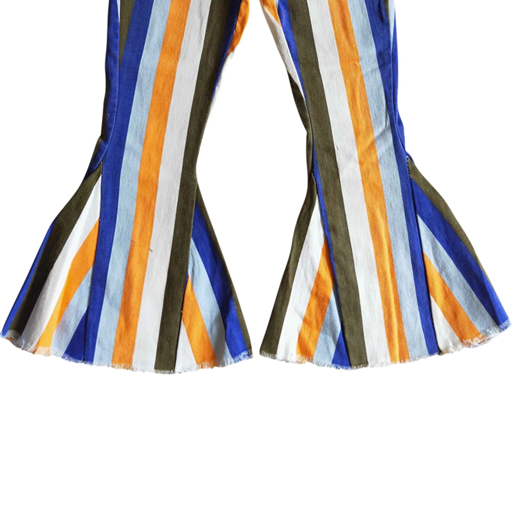 Fashion Colorful Striped Elastic Bell Bottoms Denim Pants Wholesale Children Boutique Trousers Kids Wear Girls Toddlers Jeans