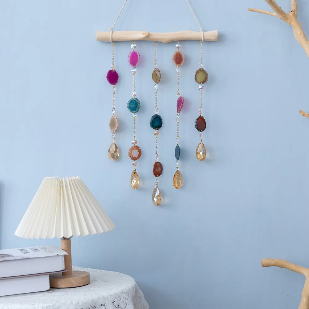 Wholesale Agate Wooden Stick Wall Hanging Dream Catcher Room Window Wind Chimes Crystal Agate slices Crystals Sun Catcher SC060