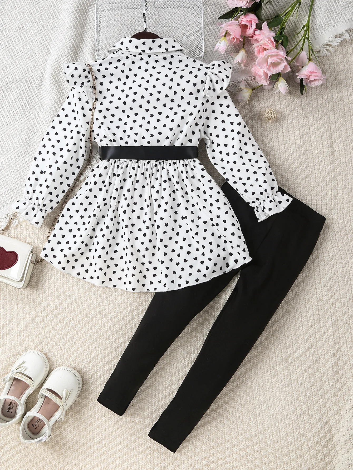 2024 Spring Autumn Fashion Hot Selling Children Clothing Love Print Lapel Top Tight Pants 2Pcs Wholesale Girls clothing sets