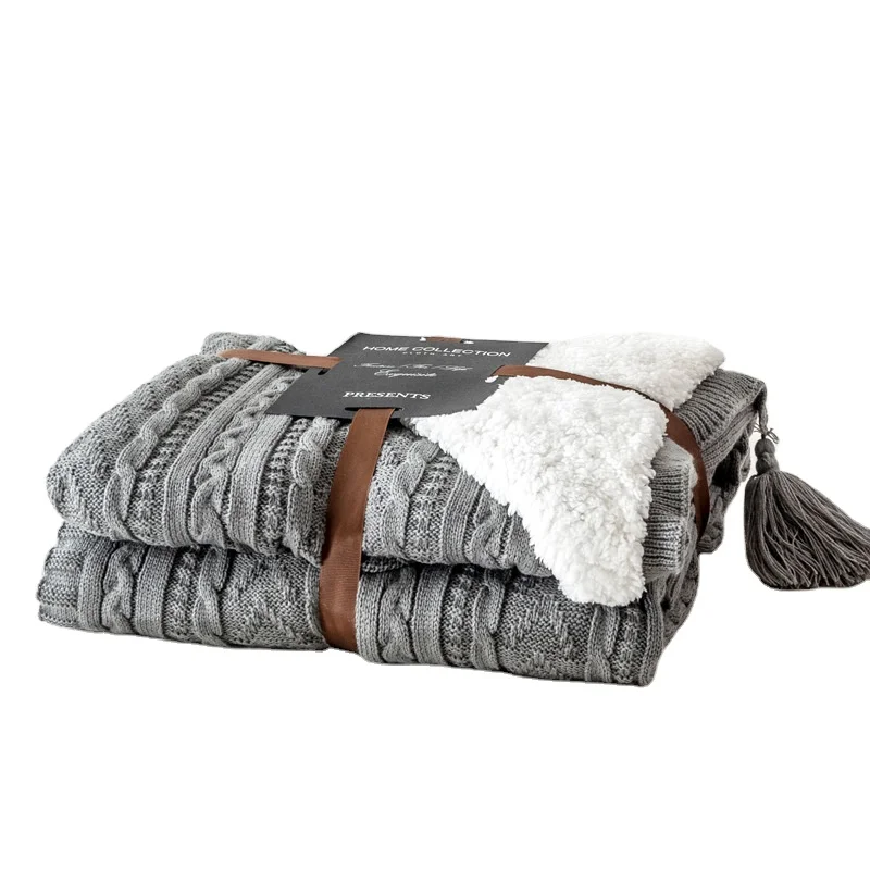 Double Layered Blanket Classic Acrylic Knit Cozy Polyester Faux Lambs Wool Sherpa Backing Plush Throw Blanket