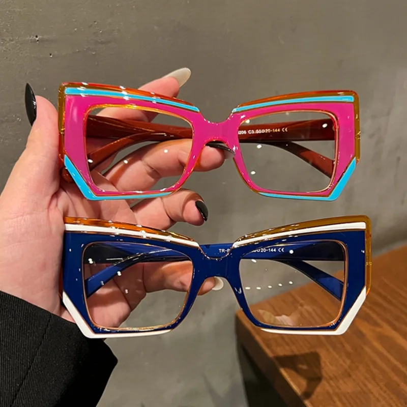 Patchwork Colorful Square Blue Light Blocking Eyewear Spectacle Frame Cat Eye Lens Match Color Unisex Computer Eyeglasses