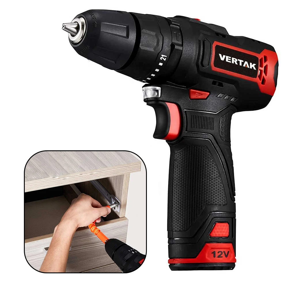 Vertak 12V Brushless Cordless Hand Drill High Speed 1300rpm Rechargeable 10mm Chuck Variable Speed Industrial DIY Applications