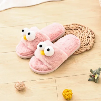 Теплые детские тапочки с забавными большими глазами, зимняя пушистая мягкая детская обувь