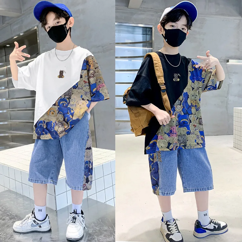 Summer Fashion Clothing Sets 2pcs Short Sleeves T-shirt and Jeans Shorts Suit for 13-14 Years Old Teen Child Kids Boys