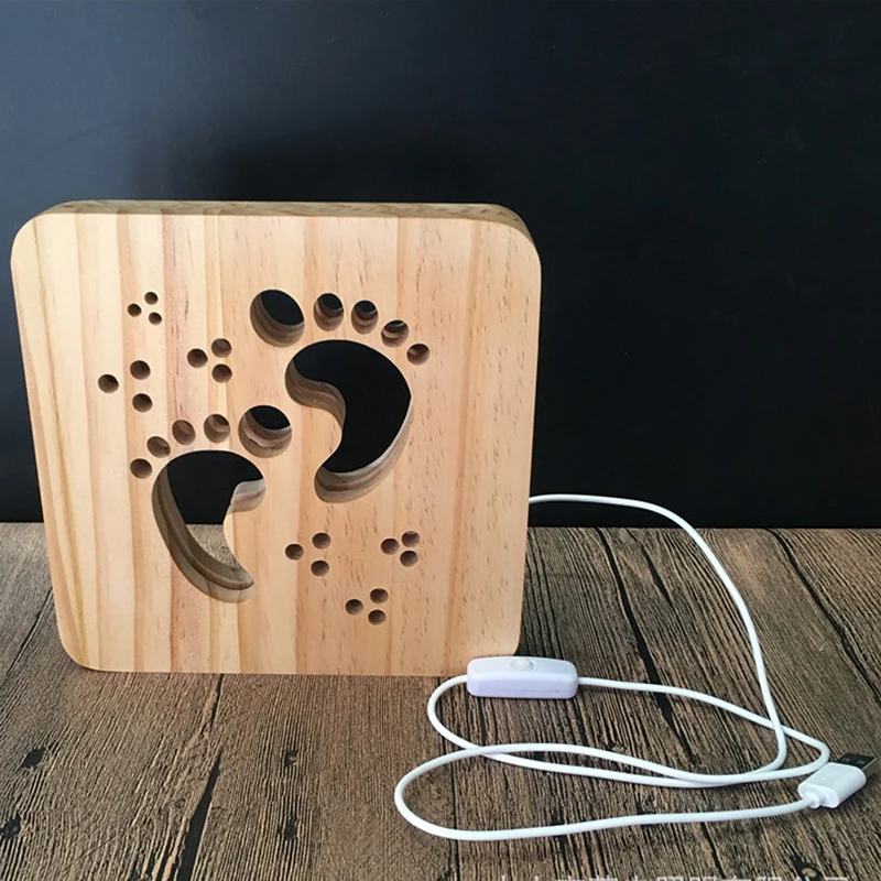 Creative Wood Lamp LED Night Light 3D Wood Carving Foot Sign Pattern USB Port Mood Lamp